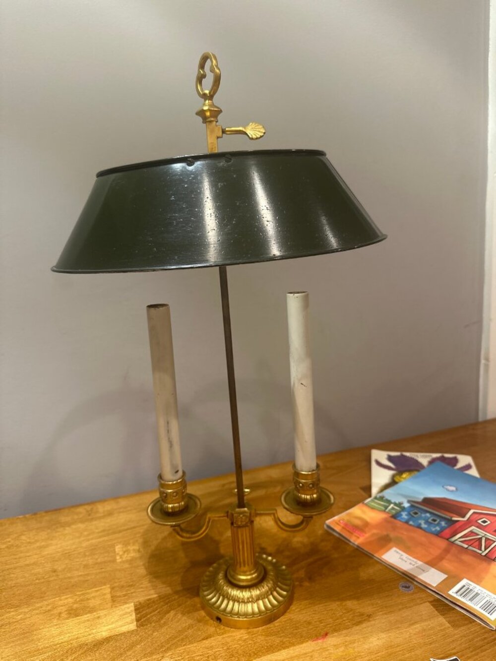 Vintage Brass Bouillotte Table Lamp Green Shade 2 Light